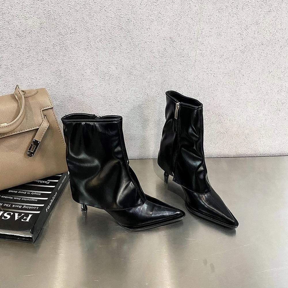 

модные зимние женские полусапожки с острым носком Chelsea Botas с боковой молнией модные туфли-лодочки на шпильке для вечеринок размер 35-40 коричневый белый черный 8 чёрный