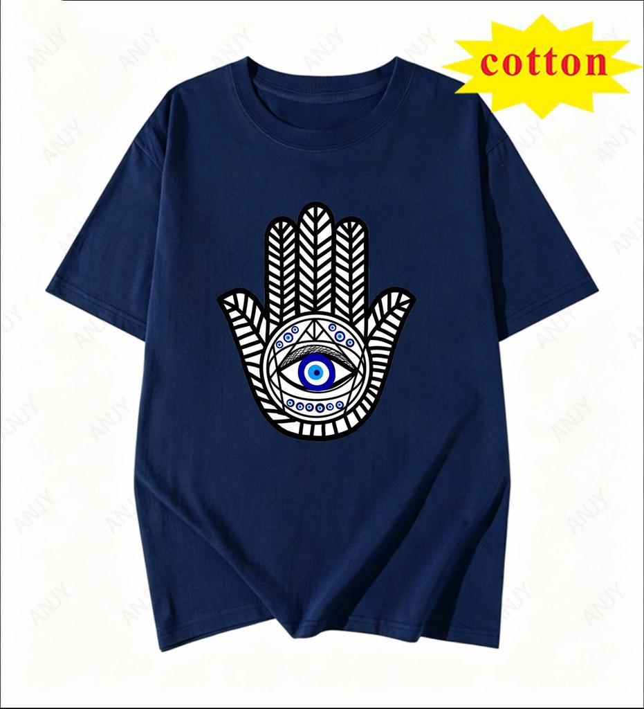 Hamsa Hand Devils Eye Pattern Tshirt Retro Horde Totem European And American Versatile Round Neck Short Sleeve Top