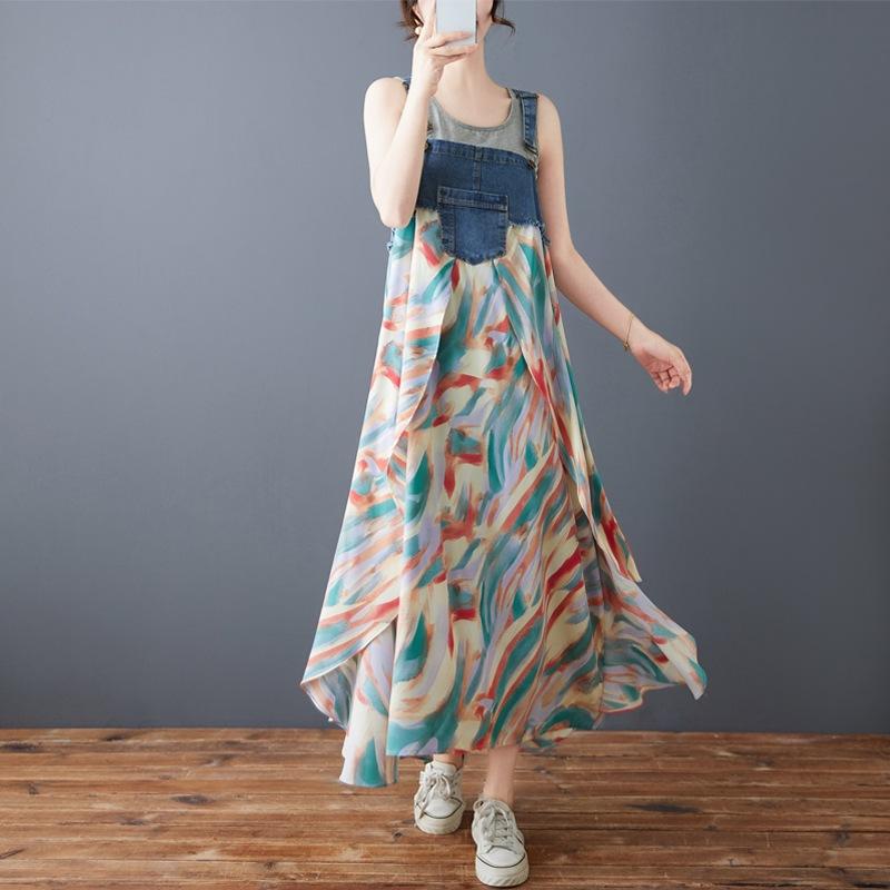 2025 summer dress new lotus leaf edge loose chiffon denim strap skirt women's design sense printing medium and long dress