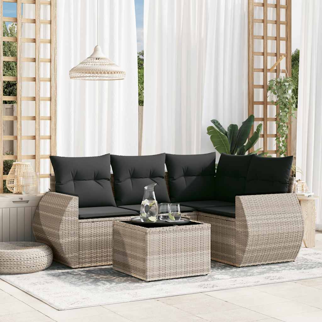 5 Piece Garden Sofa Set with Cushions Light Grey Poly Rattan