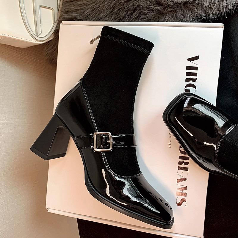 

Туфли Мэри Джейн на массивной подошве Весна Новые Квадратный носок Легкий вырез Яркая кожа Кристальная пряжка Ремешок на подъеме Нескользящие каблуки 40 чёрный