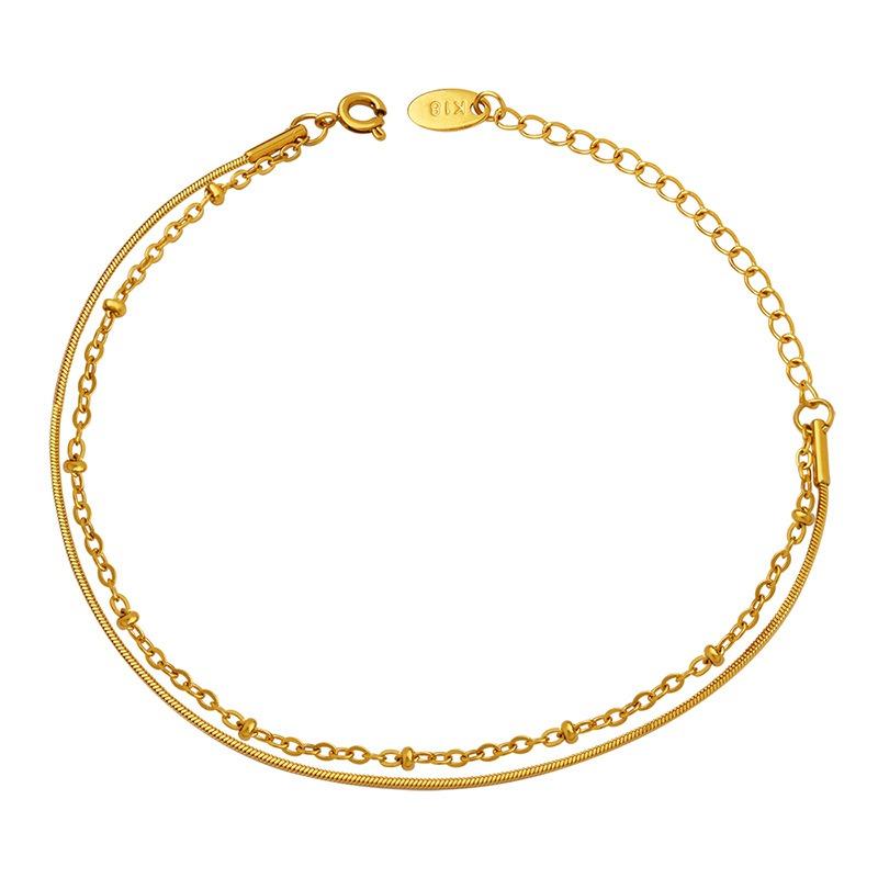 Delicate Double-layer Snake Bone Chain and Exquisite Beaded Bracelet 18K Gold Plated Stainless Steel