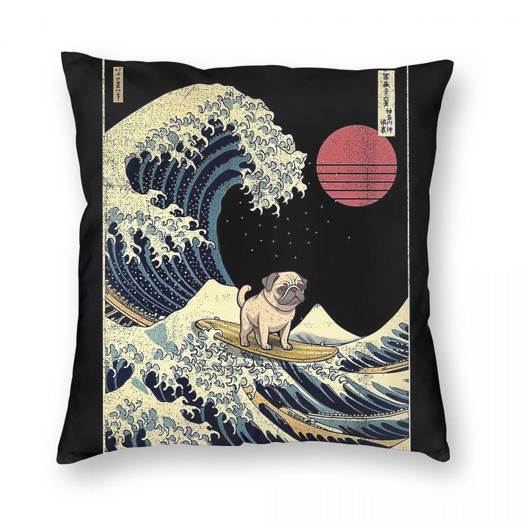 Pug Kanagawa Japanese Surfing Wave Square Pillowcase Polyester Linen Velvet Printed Zip Throw Pillow Case Home Cushion Cover 18"