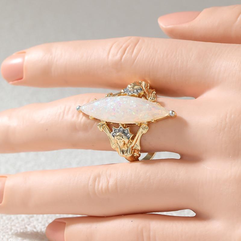 Vintage Inlaid Imitation Opal CZ Women's Ring Ethnic Two Color Hand Carving Daily Wear Party Jewelry Anniversary Gift