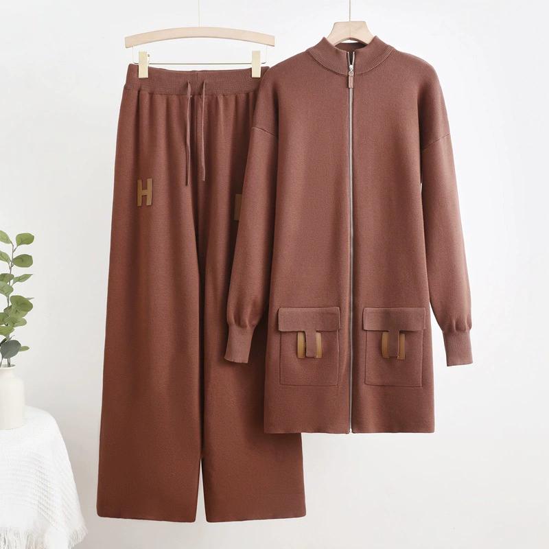 

Women s Plus Size Temperament Simple Casual Small Fragrant Wind Long Knit Cardigan Pants Two Piece Set One Size кавовий