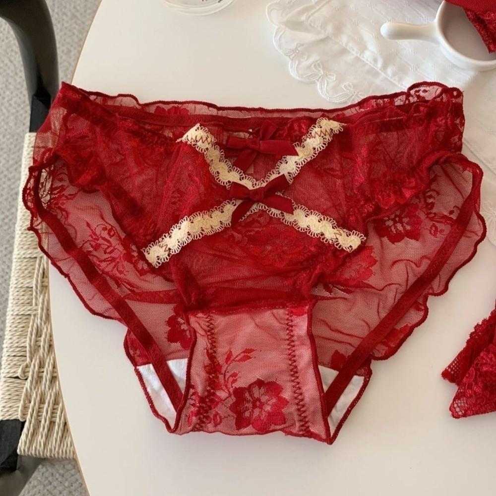 Sweet Low Waist Lace Panties Transparent Cotton Crotch Mesh Flower Briefs Bow Lingerie Underwear for Women Girl