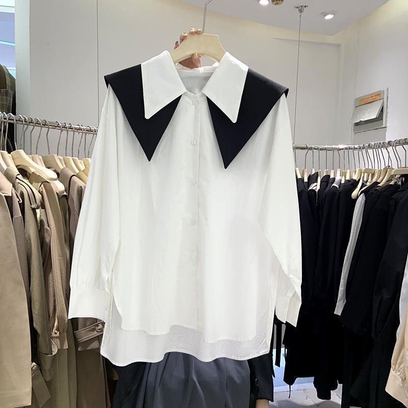 

Контрастная двухслойная женская рубашка с лацканами, однобортная, с длинным рукавом, женская свободная блузка, корейская мода, универсальная одежда S белый