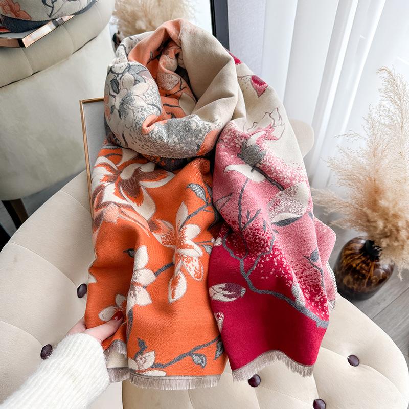 Autumn and Winter Jacquard Scarf Femininity Magnolia Imitation Cashmere Shawl Thickened Warm Scarf