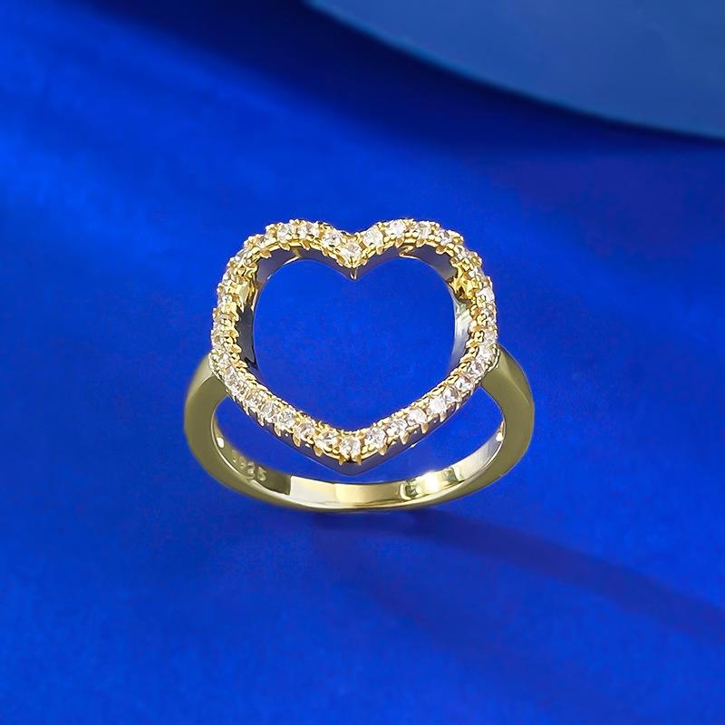 New S925 Silver Yellow Hollow Heart Ring Set with Love, Small and Elegant, Women's Niche Wedding Jewelry