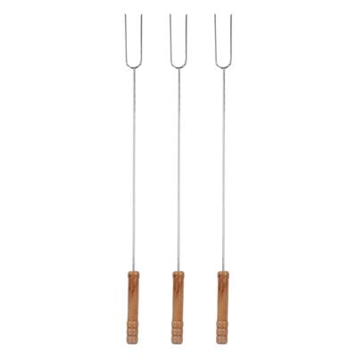 3Pcs Barbecue Forks Multifunctional Stainless Steel Roasting Stick with Beech Wood Handle for
