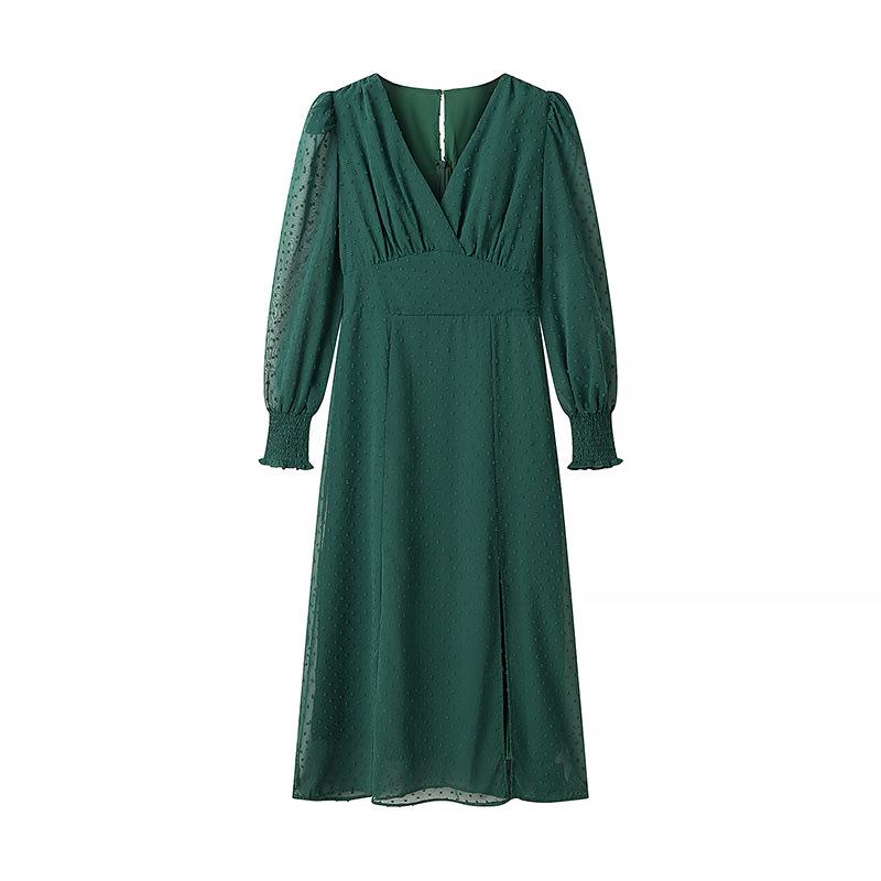 

Зимнее женское жаккардовое платье с V-образным вырезом и длинными рукавами в европейско-американском стиле 2024 XL темно-зеленого