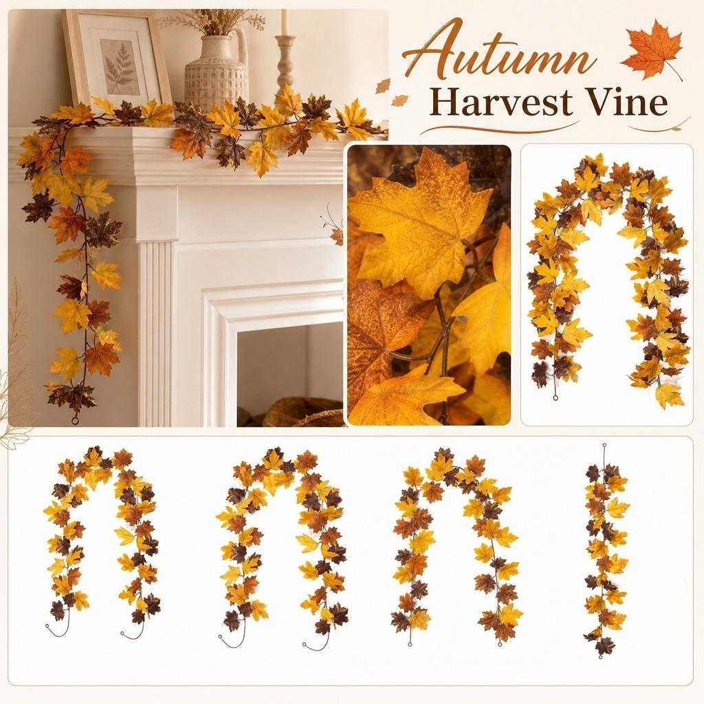 Artificial Maple Leaf Garland Faux Pumpkin Vine Decorative Hanging for Autumn Indoor Outdoor Party Home Wedding