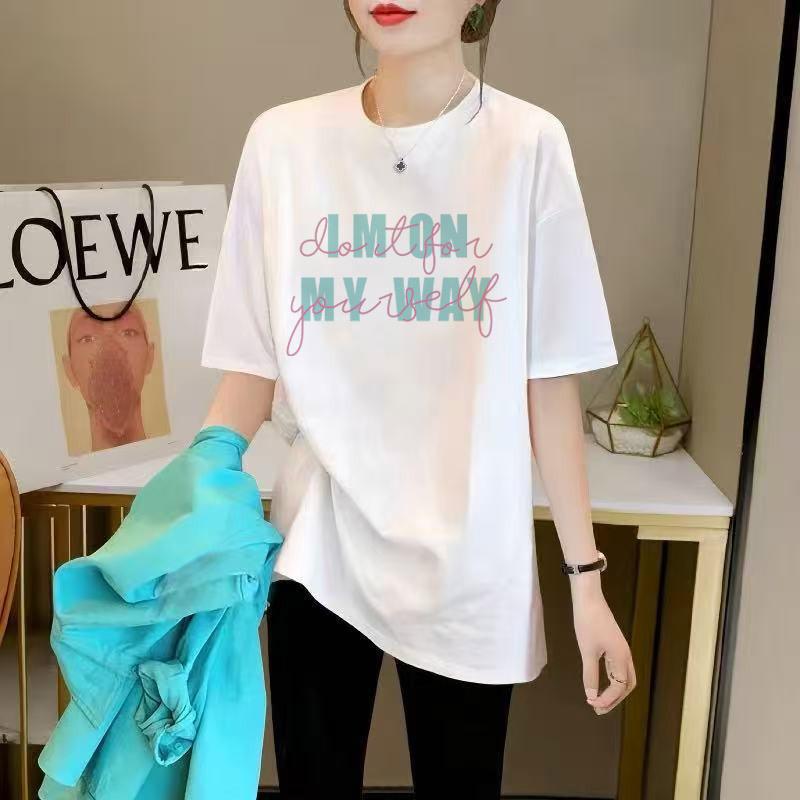 Short Sleeve Women's Medium and Long Hip Cover T-Shirt Summer Crew Neck Black Cotton T-Shirt Loose Large Top