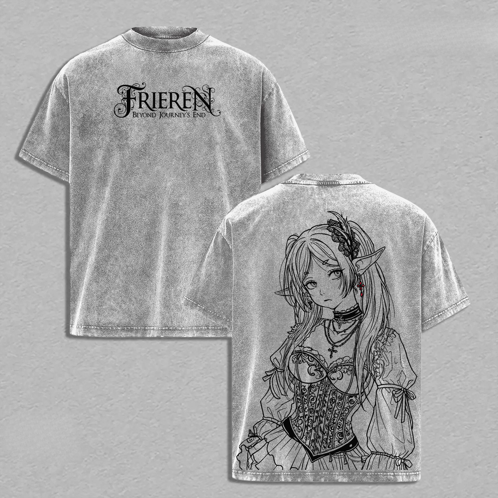 

Frieren Anime Printed T-shirt Gothic Y2k Vintage Washed Oversized T Shirt Men Clothing Summer Short Sleeve Cotton Tees Tops S серый