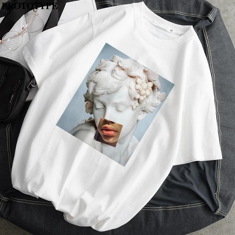 Spoof Mona Lisa Graphic Printed T-shirt Summer Women Casual Short Sleeve O-neck Streetwaer T Shirt Female Clothing White Tees