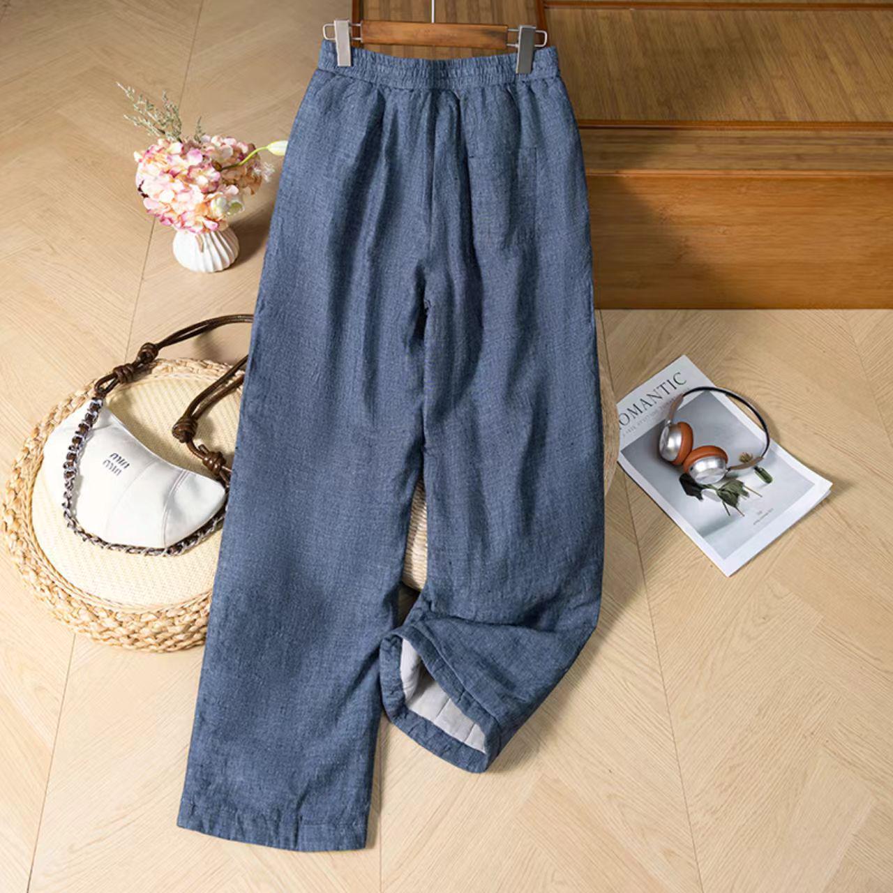 

2025 Winter Hemp Cotton Loose Fit Blue Pants - Thick & Warm Large темно-синий