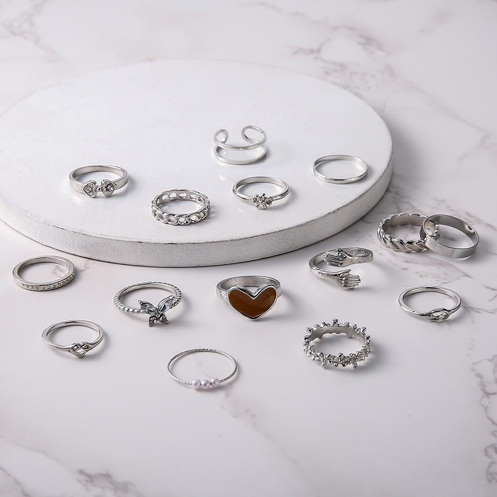 Heart-Shaped Butterfly and Diamond-Accented Braided Ring Set - 15 Pieces