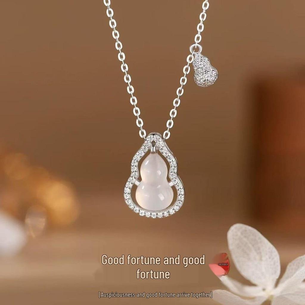"Fu Lu Shuang Quan" White Chalcedony Gourd Necklace - 925 Sterling Silver, Luxurious Chinese Style Clavicle Chain for Women