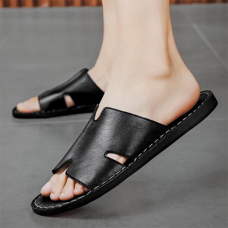 Fashion Fashion Casual Leather Slippers Man Simple Beach Ultra Fiber Leather Shoes Comfortable Walking Sandals Male Outdoor Slides Shoes