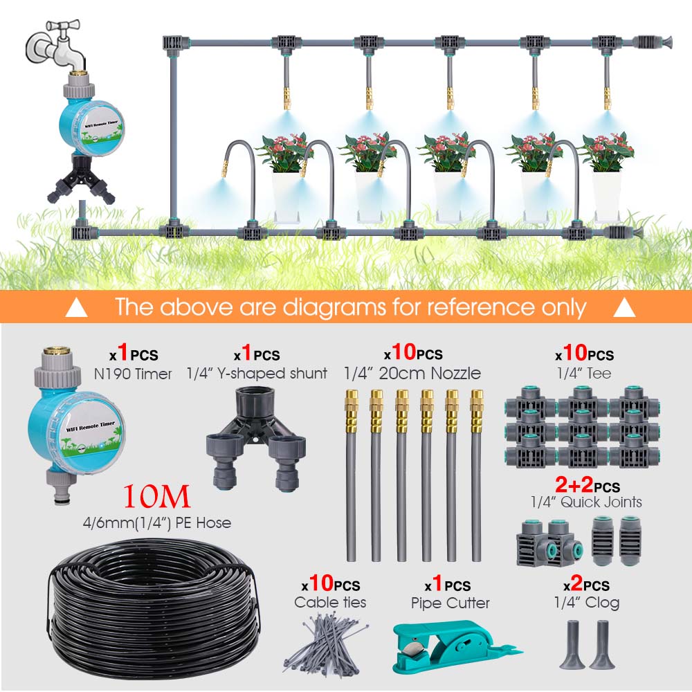 

30-10m 1/4 Hose Garden WIFI Smart Timer Automatic Irrigation Cooling System Kit Flexible Bending Adjustable Brass Spray Nozzle