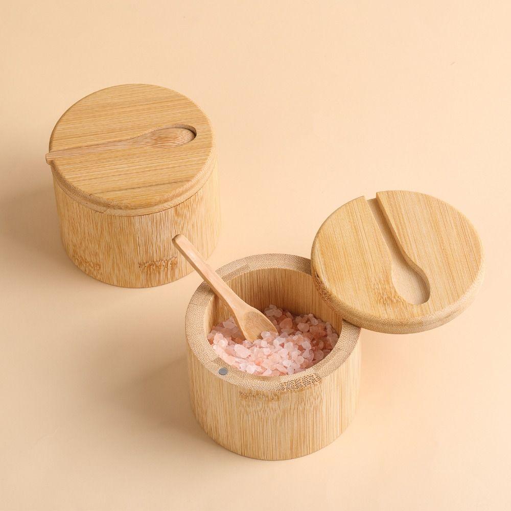 Bamboo Sealed Seasoning Jar Moisture-proof Round Sugar and Salt Container 200ml Swivel Magnetic Closure Spice Tank Home Cooking