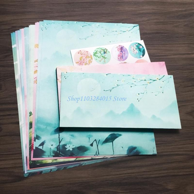 R6FF Schreibpapier und Briefumschläge Set Traditionelles Briefpapier Farbe Beidseitig beschreibbares Schreibpapier für die Schule