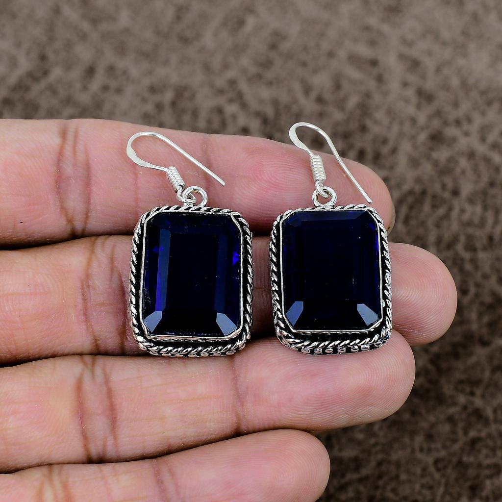 Blue Topaz Gemstone Handmade 925 Sterling Silver Jewelry Earring 1.77" KKG-993