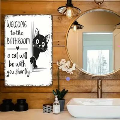Bienvenue Panneau Chat Salle de Bain Décoration Murale Salle d'Eau Décoration Murale Toilettes 20x30cm Panneau Métal ornement