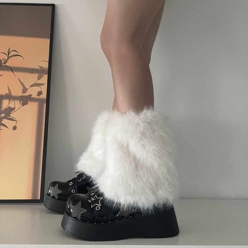 Flauschige Kunstpelz Beinwärmer Pelz Fersen Lange Stiefel Manschetten Abdeckung Hat Elastisch Ein Paar Karneval Stiefelabdeckung Y2K JK Uniform
