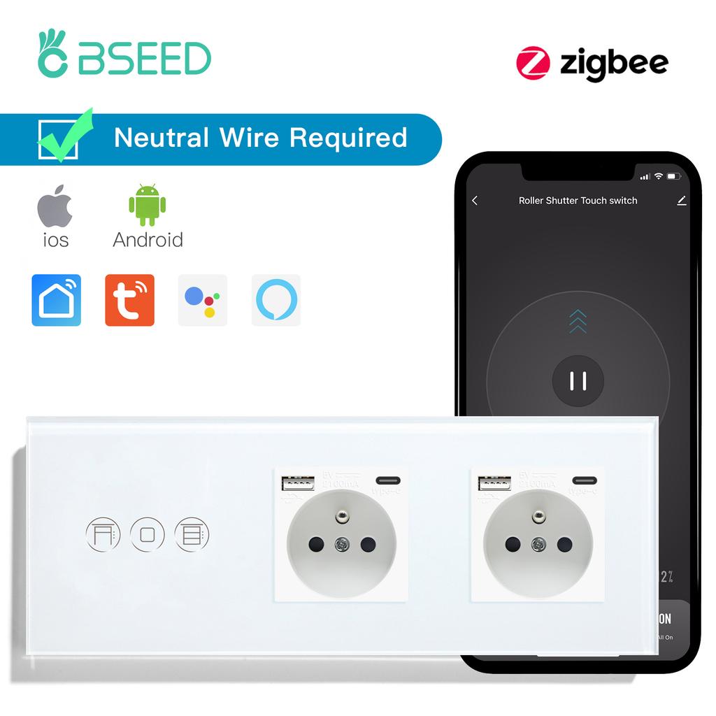 BSEED Zigbee Smart Roller Shutter Switches Light Blinds Switch Tuya Smart Life Plus French Wall Sockets USB Type-c Glass Panel
