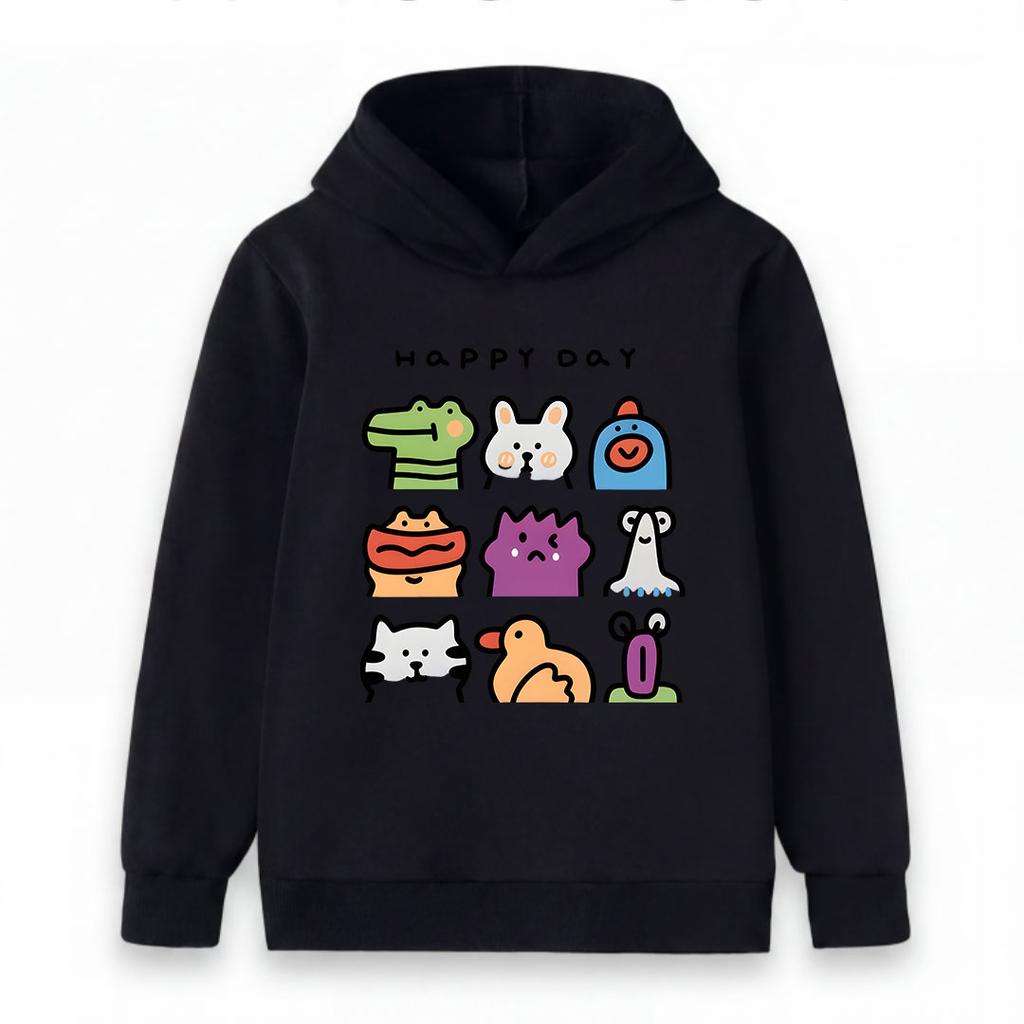 Kids Boys Girls Hooded Pullover Sweatshirt, Cute Cartoon Animal Group Print Casual Long Sleeve Hoodie, Cozy Soft Streetwear Tops for Happy Daily Wear,