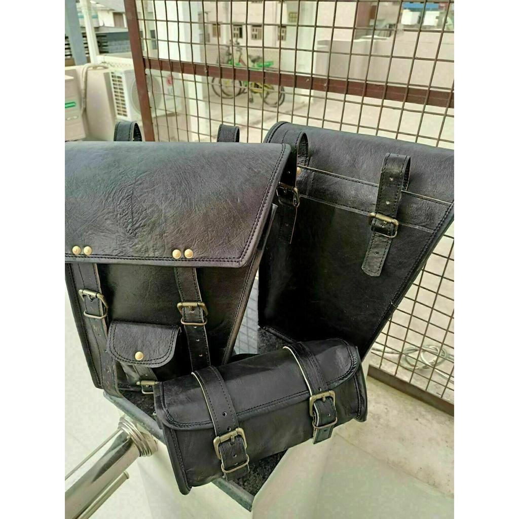 Sac de selle de moto noir COMBO sacoches en cuir bagages pochette à outils bras oscillant