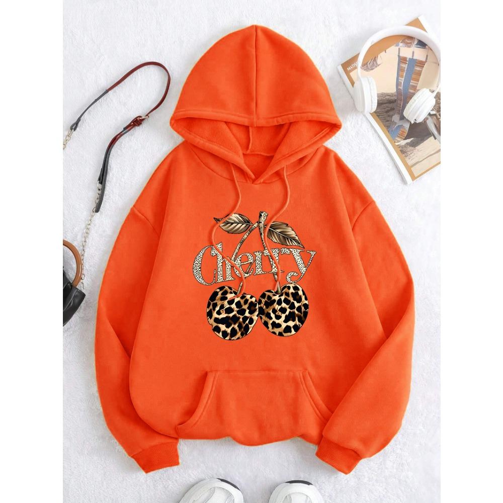 Leopard Cherry Creative Printing Hoodies Women All-Match Streetwear Y2K Pocket Hoody Autumn Casual Woman Clothing