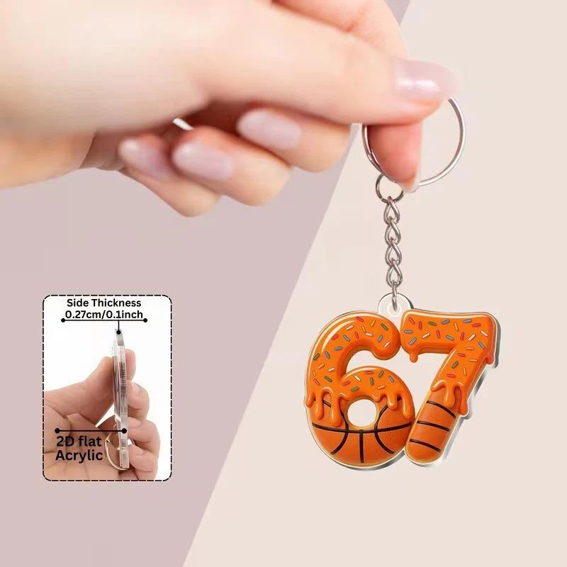 2D Flat Acrylic Keychain Cute Blue Icing Donut 67 Badminton Pattern Non-Fading Key Decor for Backpack Pendant