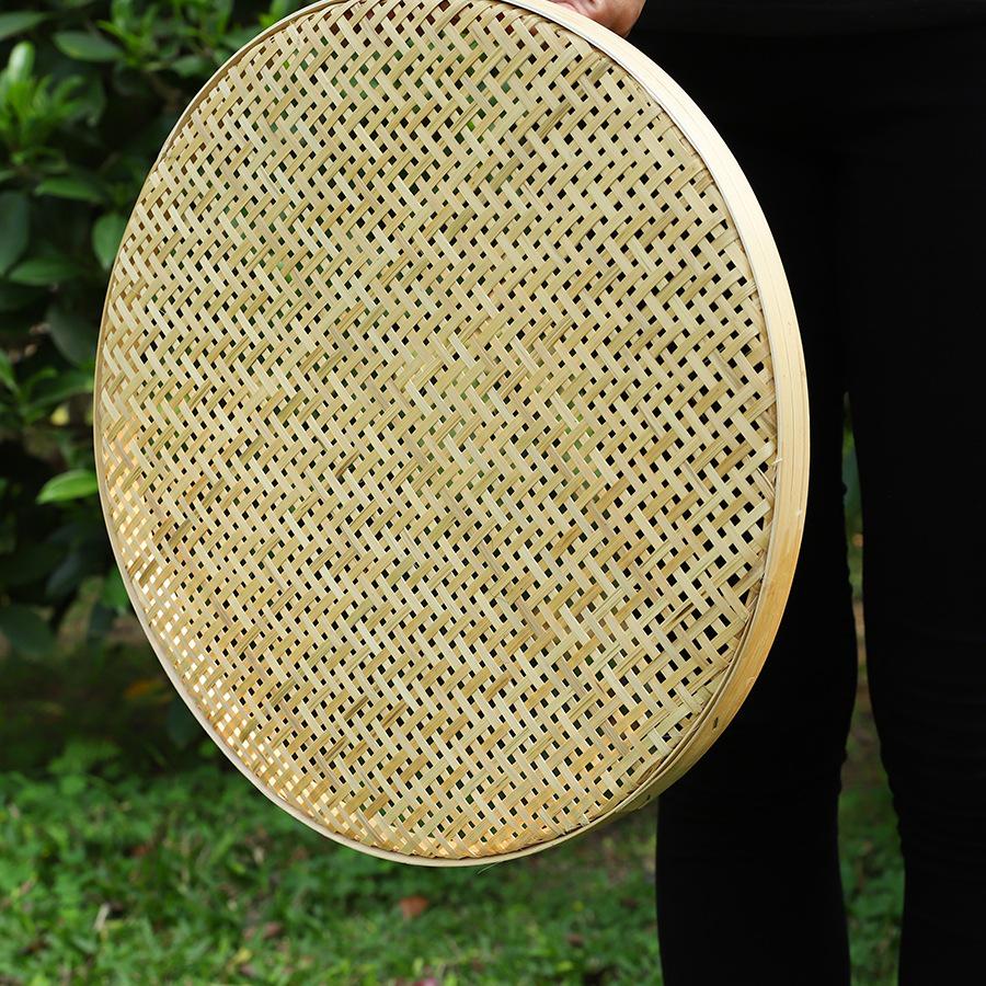 Large Handmade Bamboo Winnowing Basket: Round, Perforated Drying Sieve & Decorative Plaque