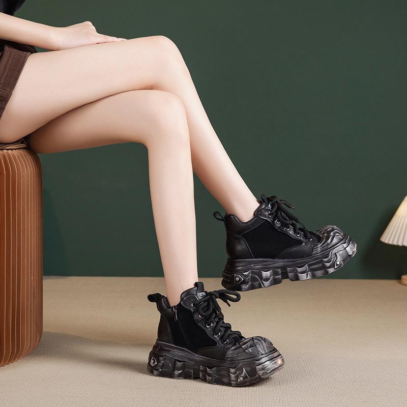 Dámské kotníkové boty z pravé kůže, černé: Lehká, Silná podrážka, Britský styl, Podzim/Zima 2025.