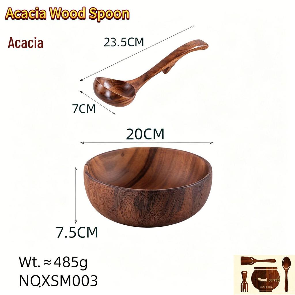 Teak & Acacia Wood Salad Bowl Set with Spoon and Hook