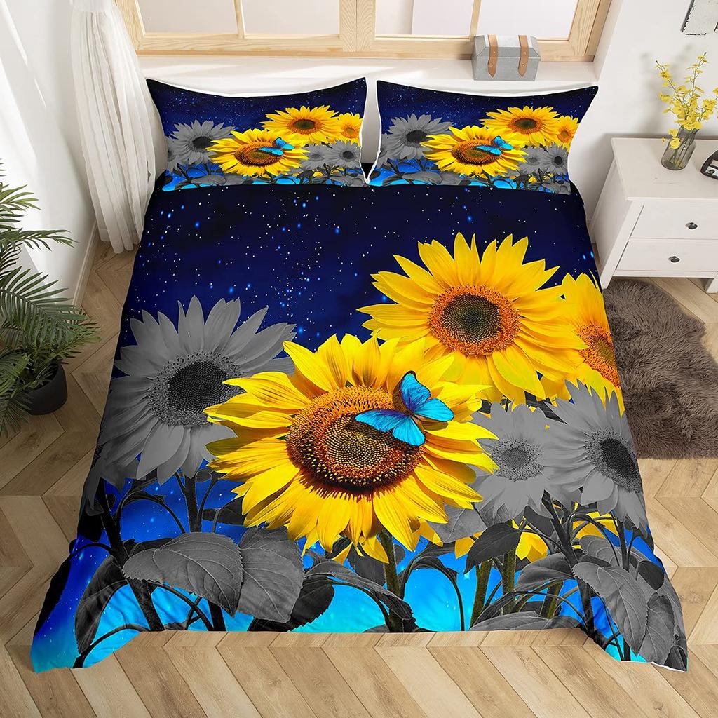Gelbe Sonnenblume King Queen Bettwäsche Set Blüten Blumen Bettbezug Blau Schmetterling Blumen Bettbezug Polyester Bettbezug