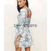 Spring New Women's Clothing French Style Vintage Floral Print Small Square Collar Open Back Lace-up Long Sleeve High Waist Dress