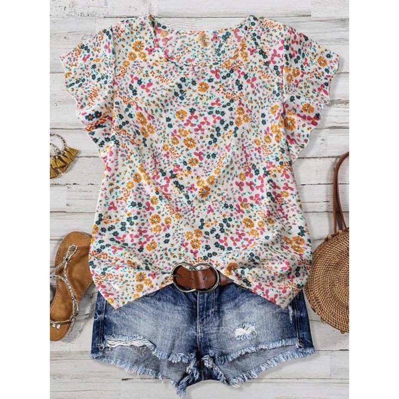 G 71320 V-neck Lotus Print Ruffle Sleeveless Top M