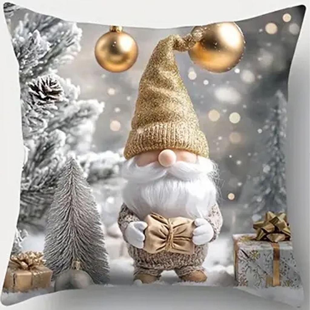 1pc White Golden Christmas Cushion Cover Snowman Dwarf Printed Durable Cover 2025 New for Home Ornament Xmas New Year Decoration