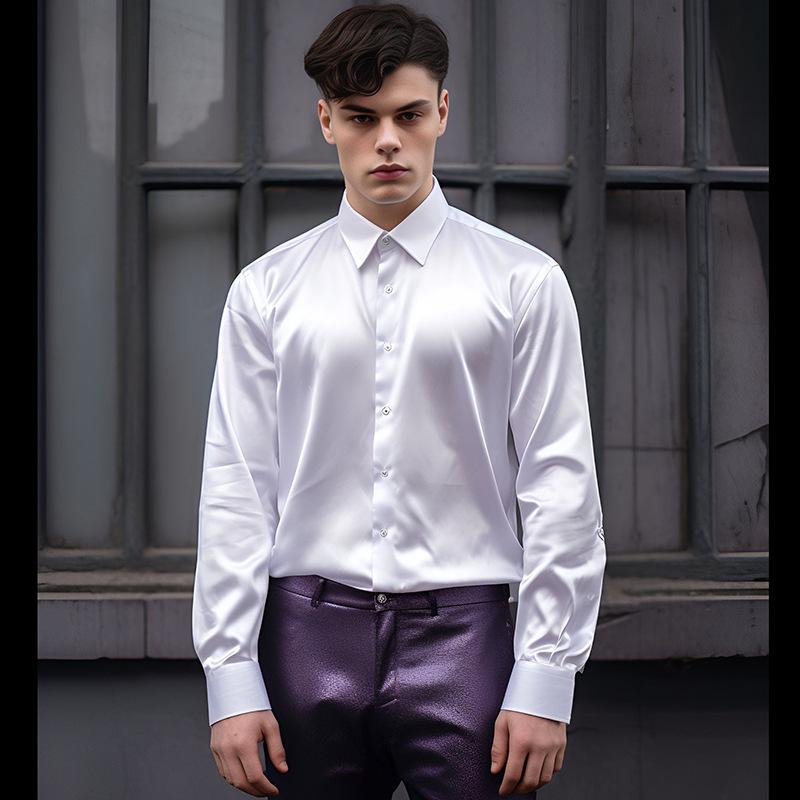 2026 Men's Shiny Long Sleeve Casual Shirt - European Size, Autumn Fashion