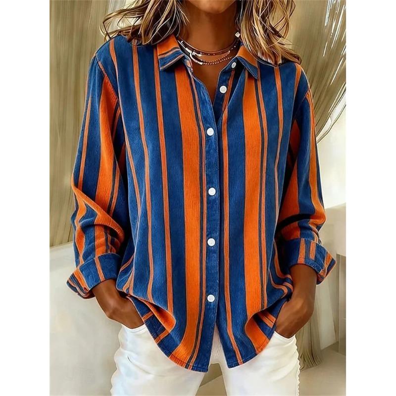 Fashionable Striped Vintage-Style Women's Long-Sleeve Shirt Comfortable And Breathable Collared Shirt Casual Everyday Wear Top