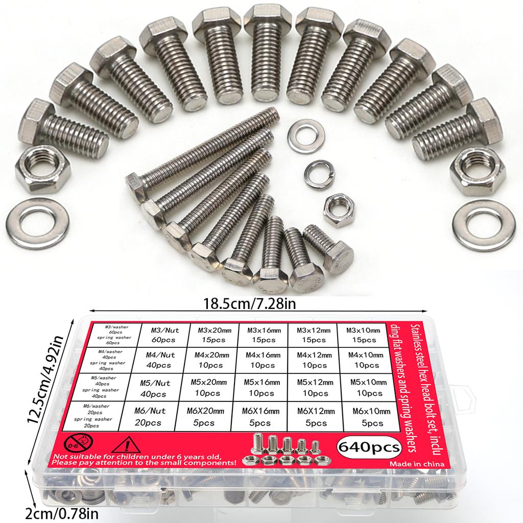 640pcs Stainless Steel Hex Bolt, Nut, and Washer Set, M3-M4-M5-M6 Full Thread, Grade 8.8/10.9, SUS, A2/A4 Marine Grade.