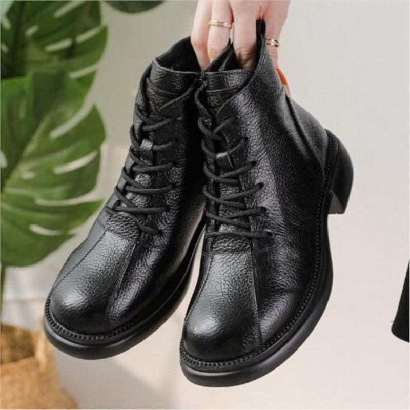 Autumn Winter New Ladies Boots Genuine Leather Short Boots Low-Heel Retro Women Cotton Shoes Lace Up Botas D378