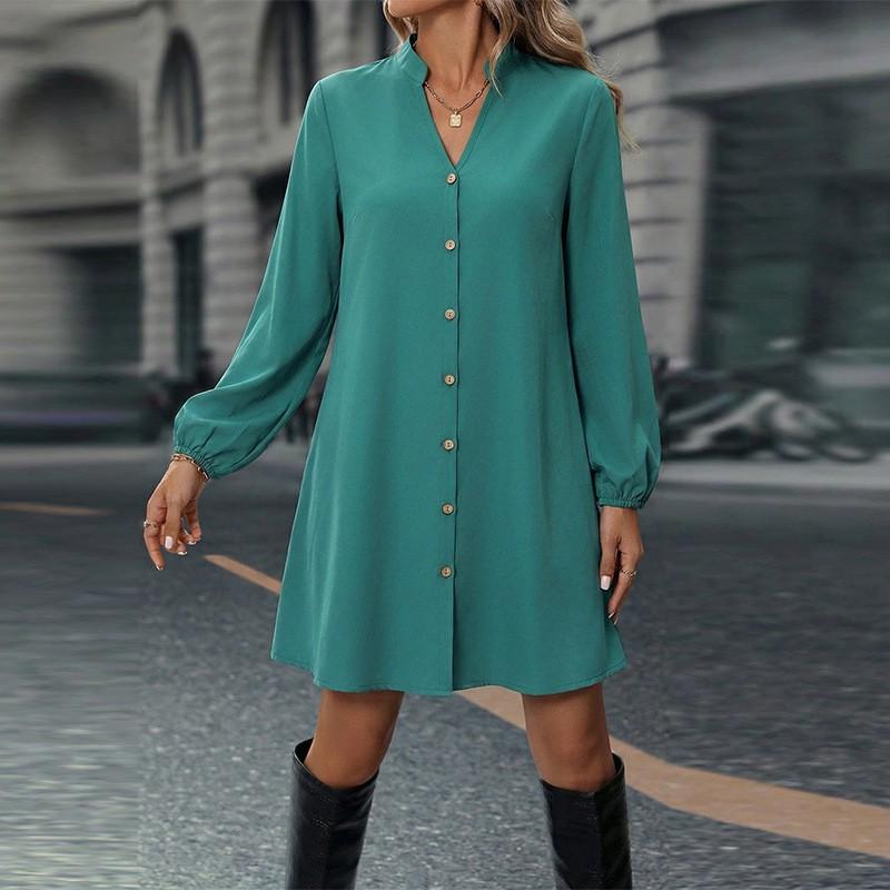 

European American Fashion Solid Color Long-sleeved Dress New Foreign Trade Cardigan A-line Skirt Medium Long XL
