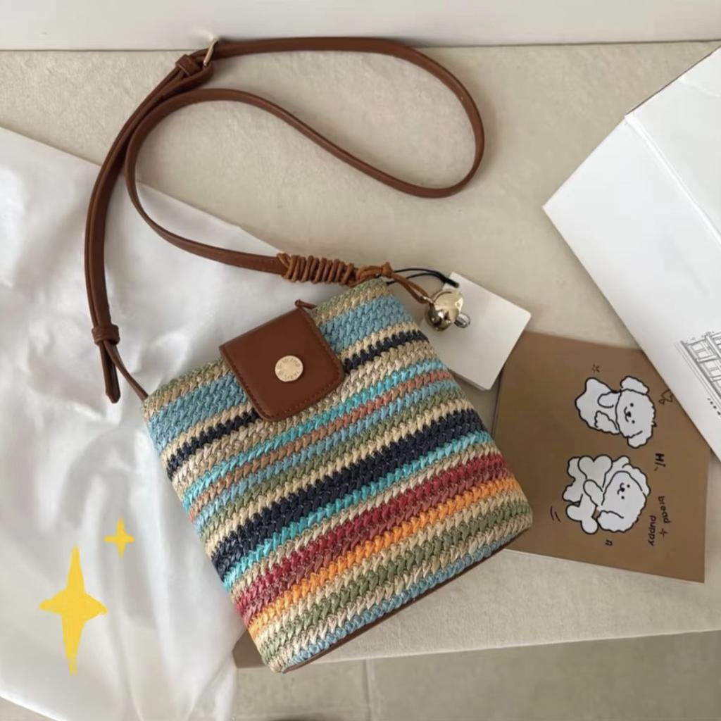 Rainbow Striped Woven Bucket Bag Women'S Summer Seaside Beach Bag Ethnic Style Shoulder Messenger Bag