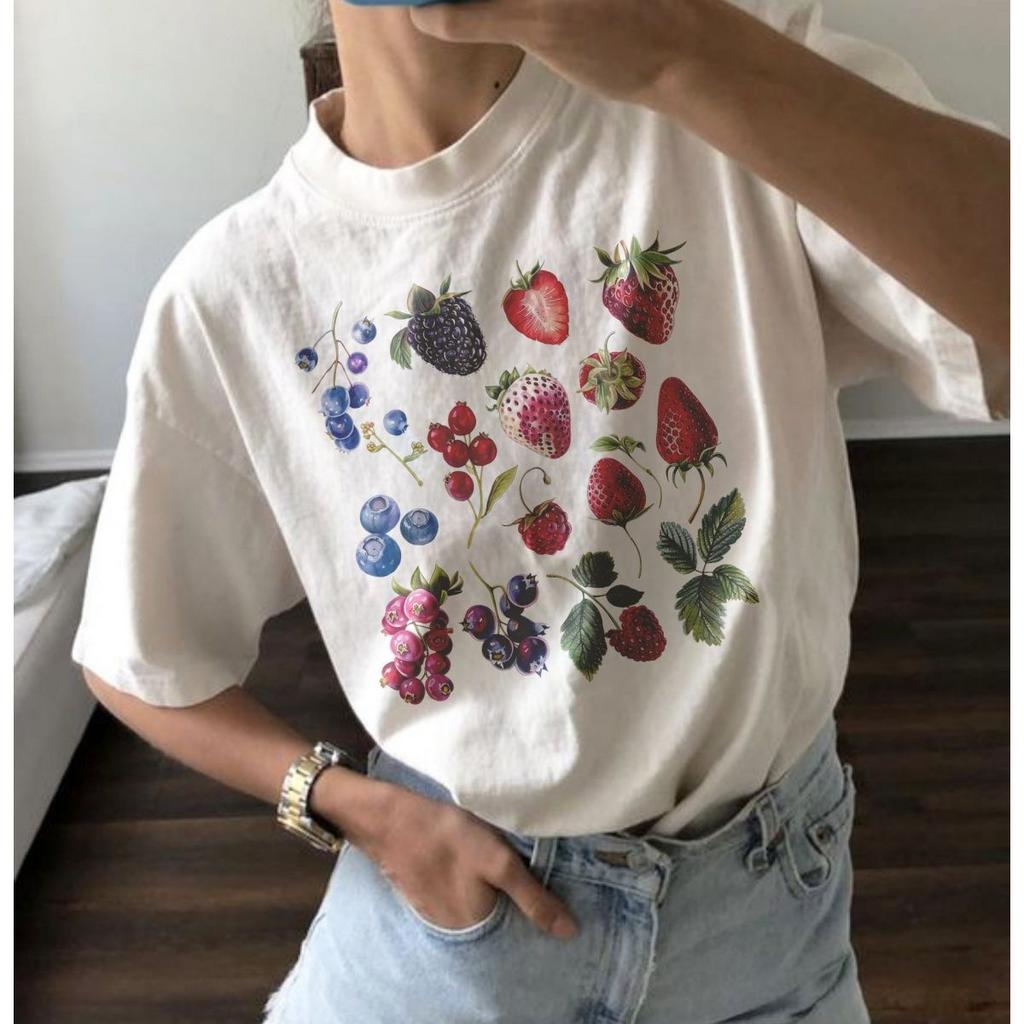 Summer European and American New Fashion Fruit Printing Casual Loose Round Neck Versatile Women's Cotton T-shirt Casual Wear