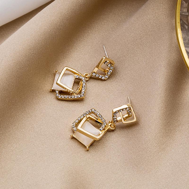 2023 Trendy Geometric Square 925 Silver Earrings with Cat's Eye Stone and Diamonds