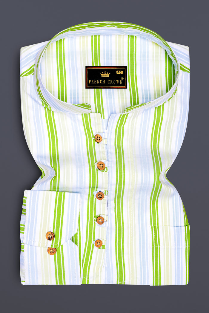 Премиальная хлопковая рубашка-курта Giza в полоску хвойно-зеленого и ярко-белого цветов с фактурой доби 40